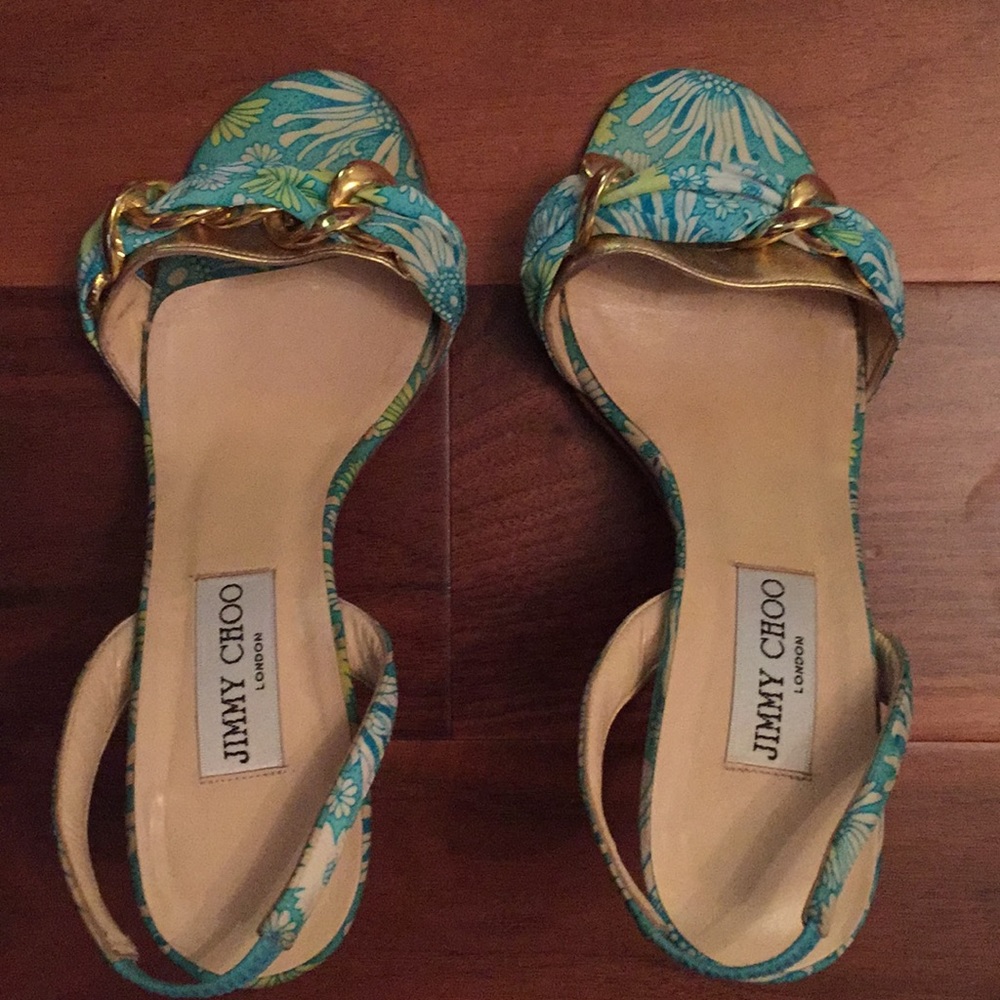 💯 Authentic Jimmy Choo Silk/Gold Shoes, Size 37.5